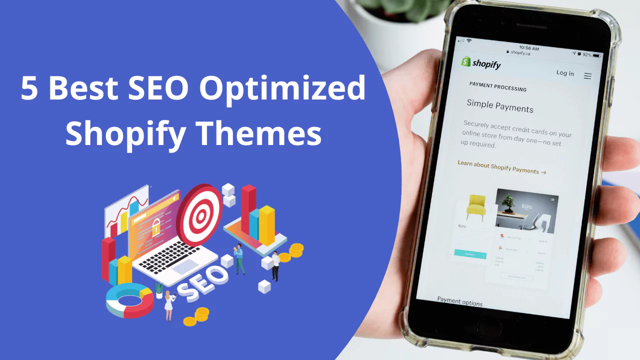 Top 5 SEO optimized Shopify themes showcased on a smartphone screen