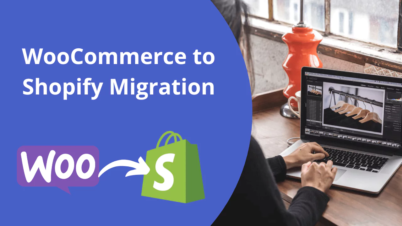 Infographic of Woocommerce to Shopify migration with logos and a person processing the migration on a laptop